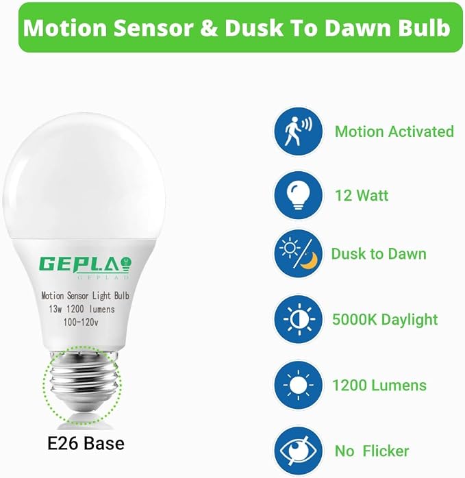 GEPLAD 4-Pack Upgrade Motion Sensor LED Light Bulbs 12W, A19 E26 Dusk to Dawn - Image 7