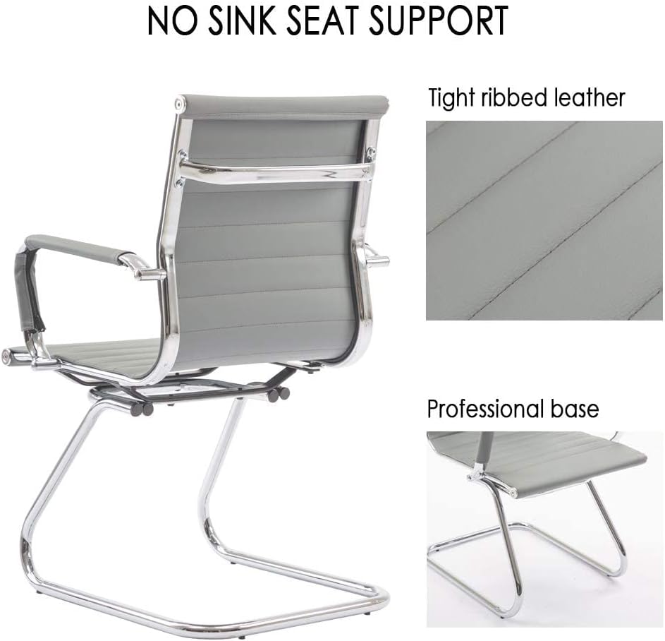 Office Desk Chair No Wheels Set of 4 PU Leather Computer Chairs Mid Back Guest Chairs for School Reception Conference Waiting Room, Grey