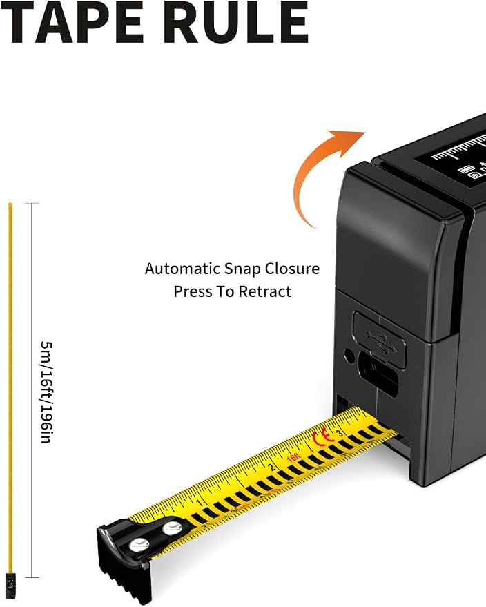 Laser Tape Measure 3-in-1, 196ft/60m Laser Distance Meter, 16ft/5m Digital Tape - Image 7