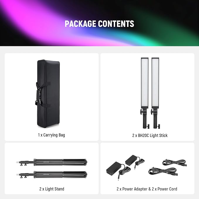 NEEWER Photography RGB Light Stick Kit, 2 Pack LED Video Tube Lights w/Stands - Image 9