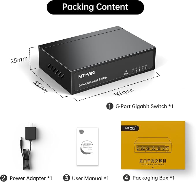 MT-VIKI 5 Port Gigabit Ethernet Switch, Unmanaged Network Switch Splitter - Image 8