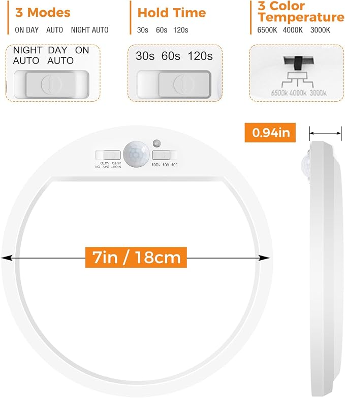 Slochi 2Pack Motion Sensor Ceiling Light Wired, 3000K/4000K/6500K Motion Sensor - Image 7