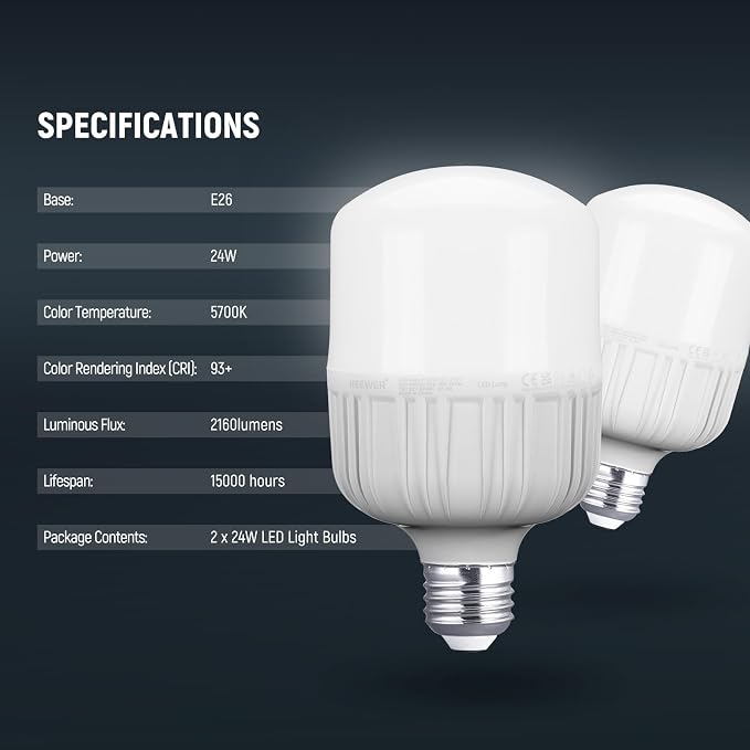 Neewer E26 24W LED Light Bulbs, 2 Packs, 2160 Lumens/5700K/CRI 93+/15000h - Image 9