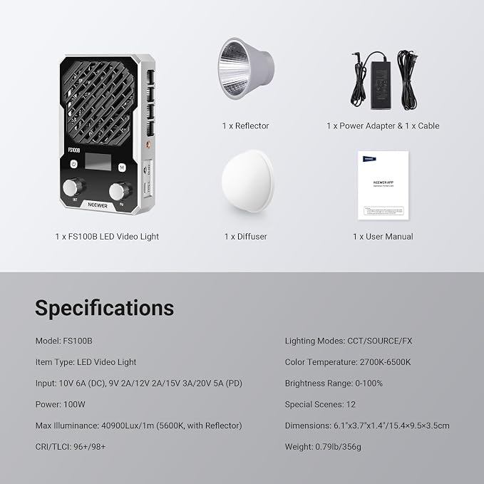 NEEWER 100W Ultra Compact LED Video Light APP/Panel Control, Pocket Size Bi - Image 9