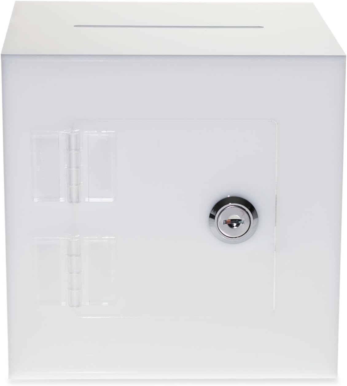 Source One Premium Acrylic Cube Donation Box with Deluxe Rear Open Door and Cam Lock Suggestion Box (12 Inch, White)