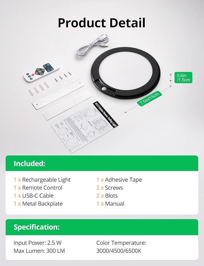 Bojim Rechargeable Motion Sensor Wireless Closet Ceiling Light 6000mAh Battery - Image 9