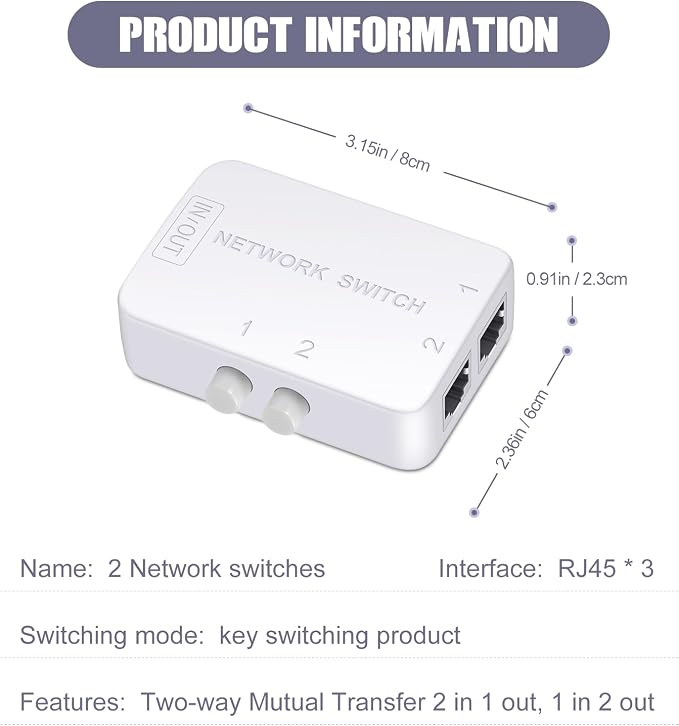2 Ports Network Switch Splitter Selector RJ45 Network Switch 2x1 Ethernet RJ45 - Image 6