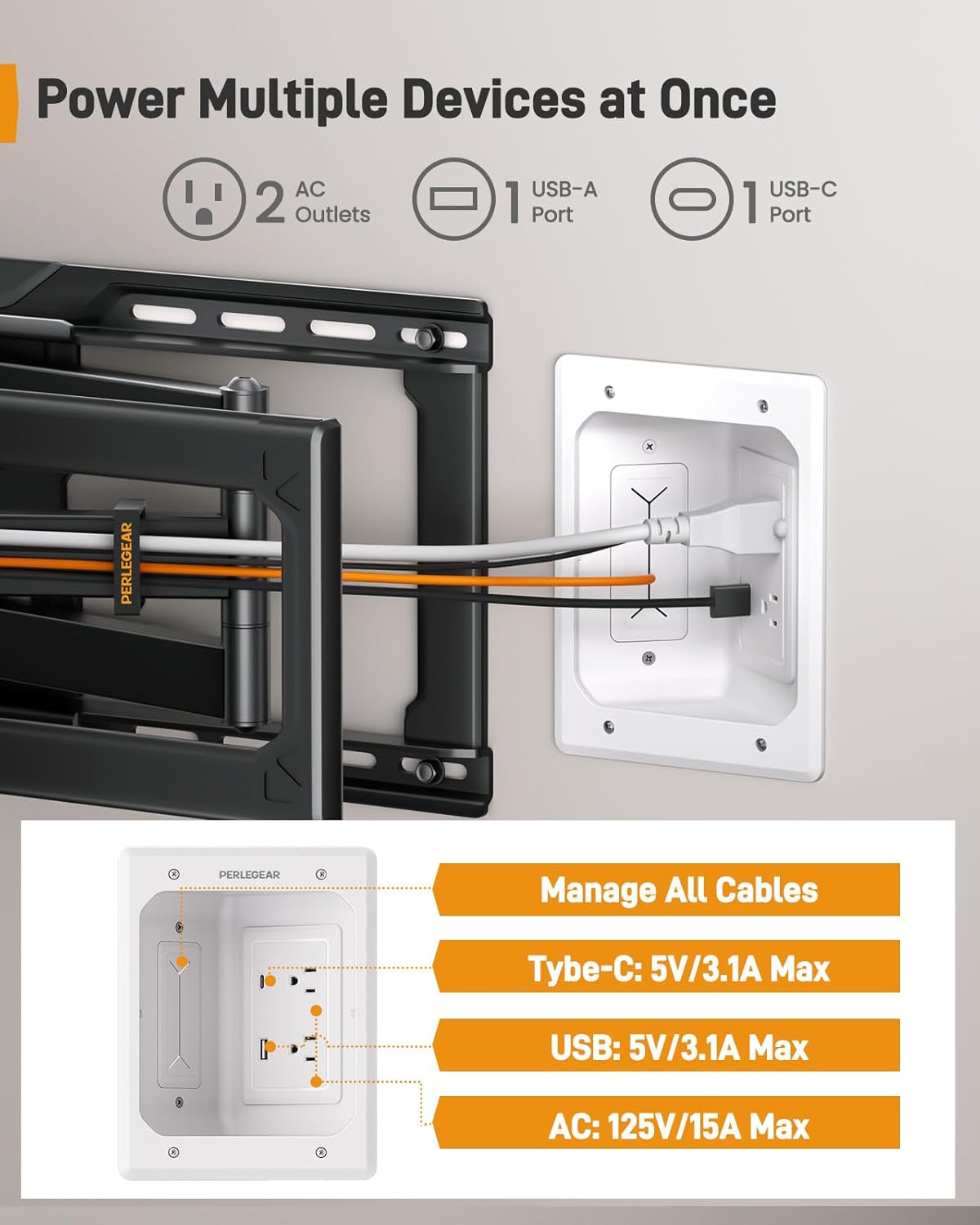 Perlegear Cord Hider for Wall Mount TV with AC Outlets, USB-A and USB-C Ports, in-Wall Cable Management Kit, Includes Drill Templates, Dust Bags, Drywall Saw, Extension Cord