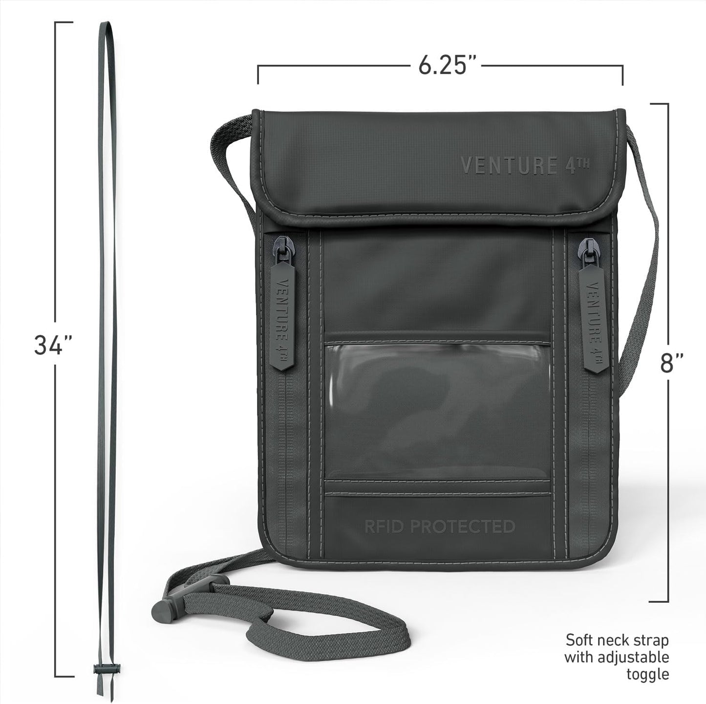 VENTURE 4TH Passport Holder Neck Wallet with RFID Blocking Nylon Lining - Hidden Neck Pouch for Travel (Sleek Gray)