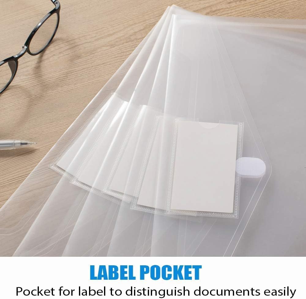 Sooez 5 Pack Plastic Envelopes Poly Envelopes, Clear Document Folders US Letter A4 Size File Envelopes with Label Pocket for School Home Work Office Organization, Clear