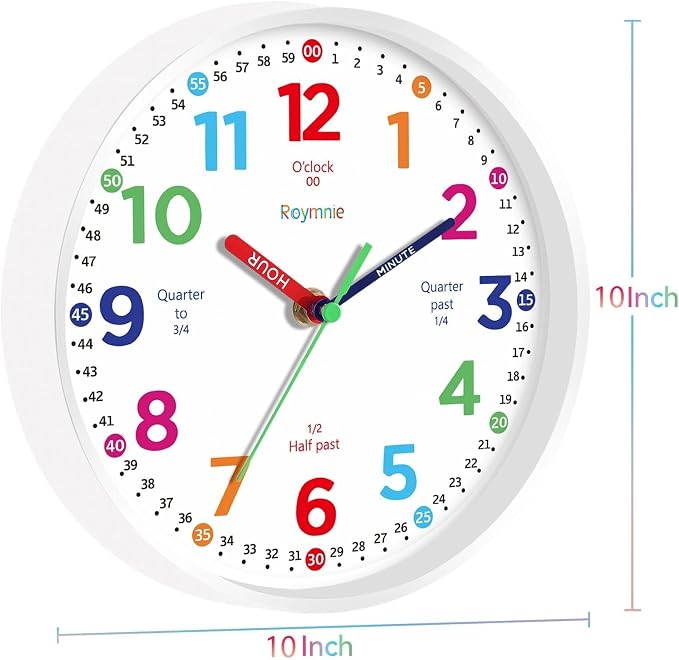 Roymnie Wall Clock 10 Inch for Kids Learning Kids Teaching Clock Analog Silent - Image 9