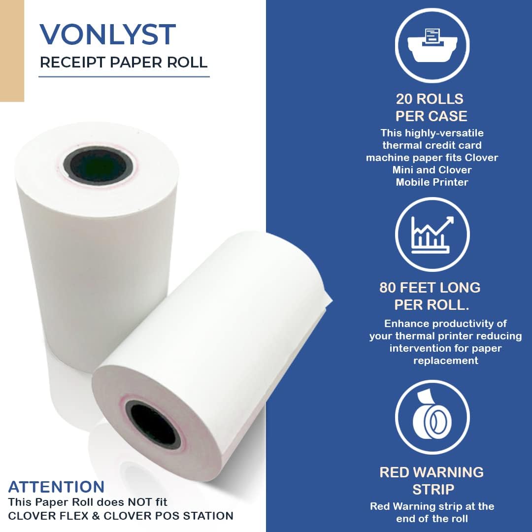 Receipt Paper for Clover Mini and Clover Mobile Thermal Printer 2 1/4 x 80 (20 rolls)