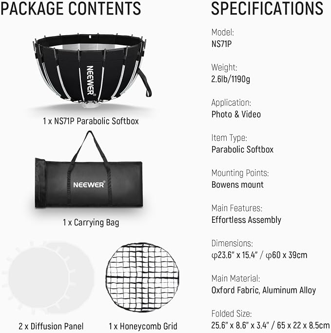 NEEWER Parabolic Softbox Kit, 23.6" Bowens Mount Soft Box - Image 9