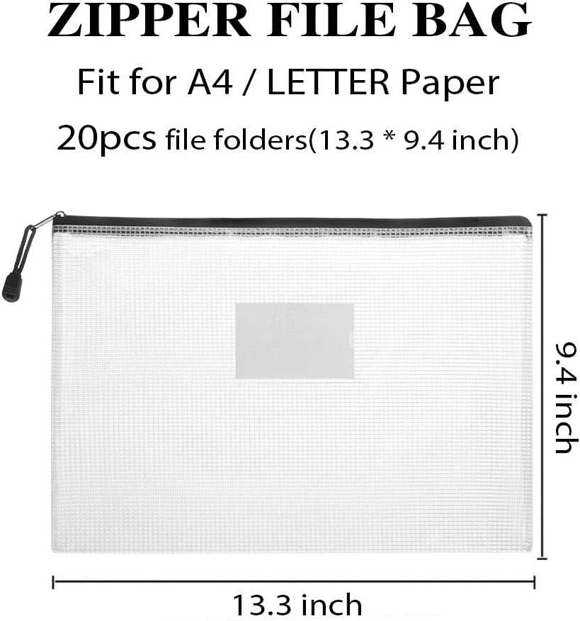 Sooez 20 Pack Mesh Zipper Pouch with Label Pocket, Plastic Zip File Folders, Letter Size A4 Zipper Document Bag for Teacher School Office Supplies, Classroom Organization, Board Game Storage,Black