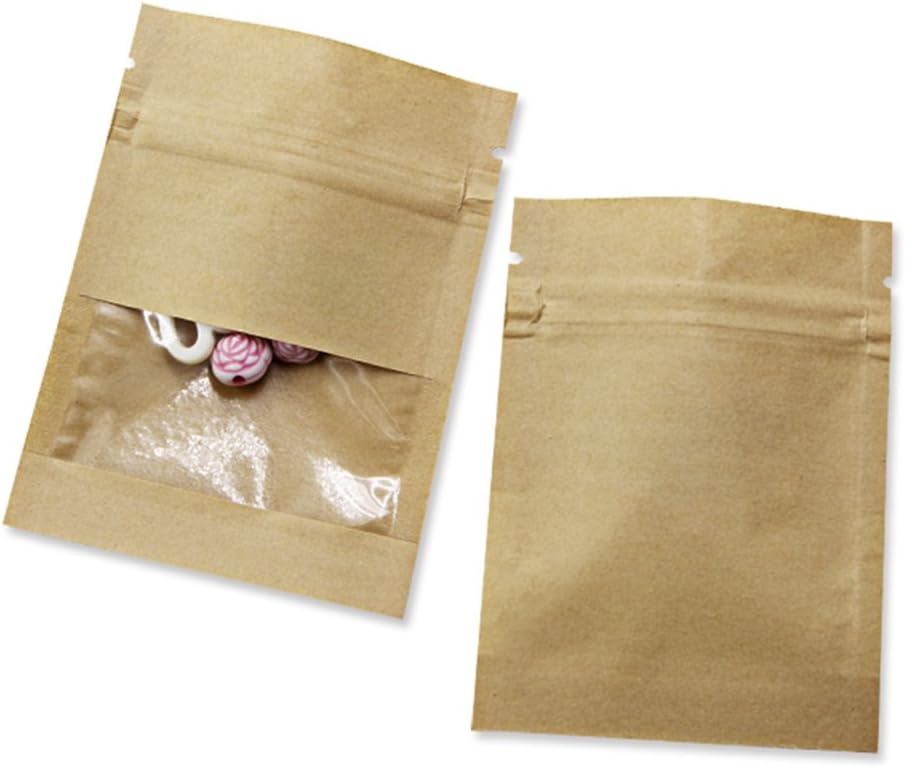 FERENLI 100 Pack 3.5x5.1 inch Small Resealable Seed Coin Envelopes Bags with Clear Window Brown Kraft Paper Heat Seal Packets for Flower Vegetable Seeds Storage Party Favor Pet Food Sample Bag