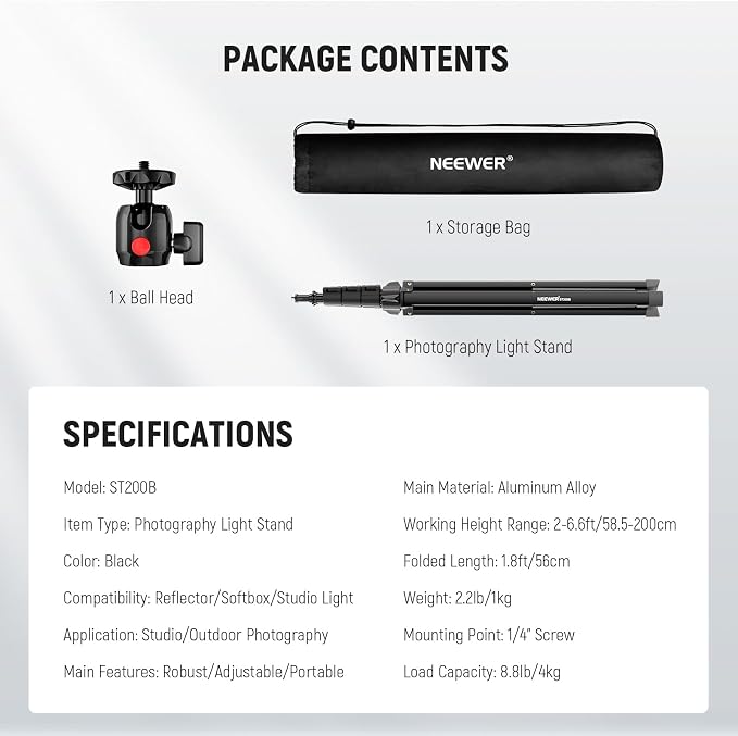 NEEWER Photography Light Stand 1.8-6.6ft/56-200cm - Image 8