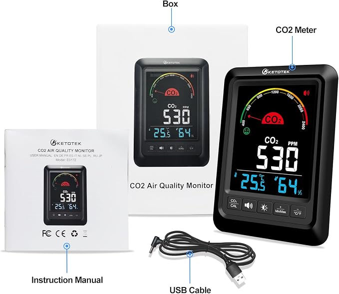 KETOTEK CO2 Monitor Indoor Air Quality Meter, Temperature, Humidity Display - Image 8