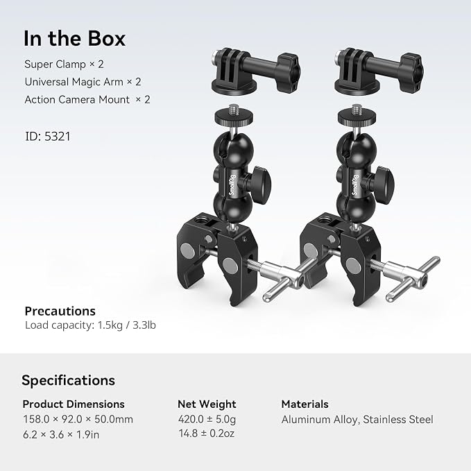 SMALLRIG Super Camera Clamp Mount 2-Pack, Double Ball Head Magic Arm Adapter - Image 7