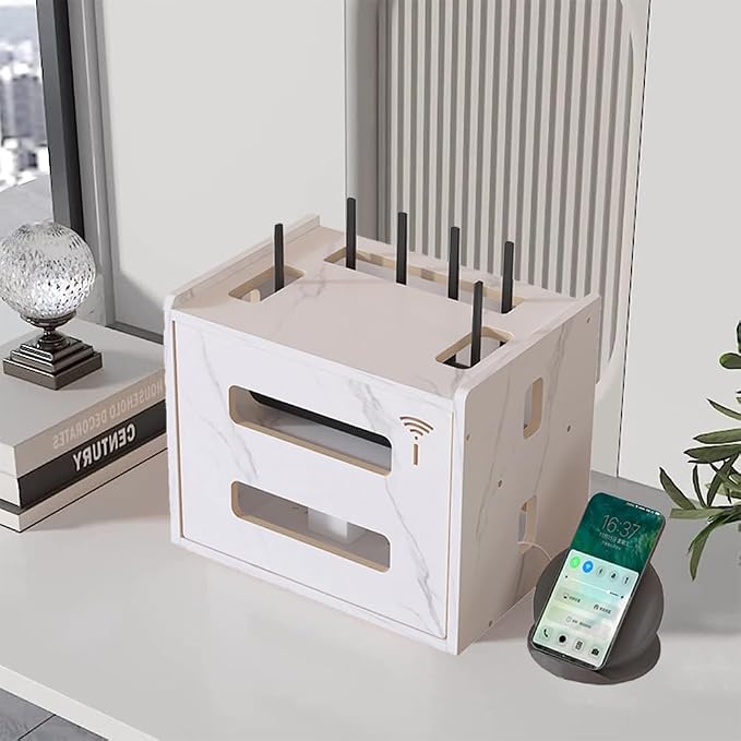 Wooden Router Shelf, Desktop WiFi Router Storage Box Modem Rack Cover Power - Image 7