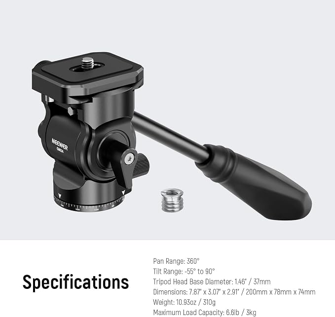 NEEWER Tripod Fluid Head with Quick Release Plate & Handle, Metal Pan Tilt - Image 8