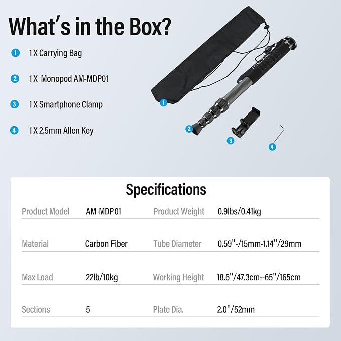 SIRUI Carbon Fiber Monopod for cameras, 6 Sections, Load up 15kg, included - Image 9