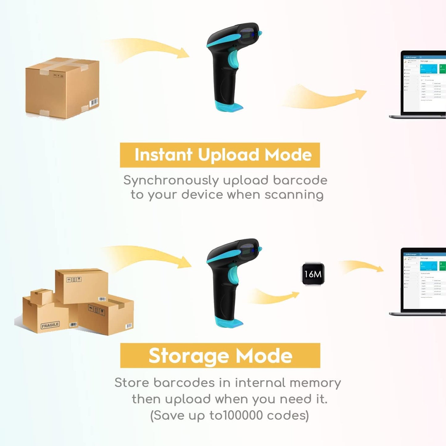 NADAMOO Wireless Barcode Scanner 328 Feet Transmission Distance USB Cordless 1D Laser Automatic Barcode Reader Handhold Bar Code Scanner with USB Receiver for Store, Supermarket, Warehouse - Blue