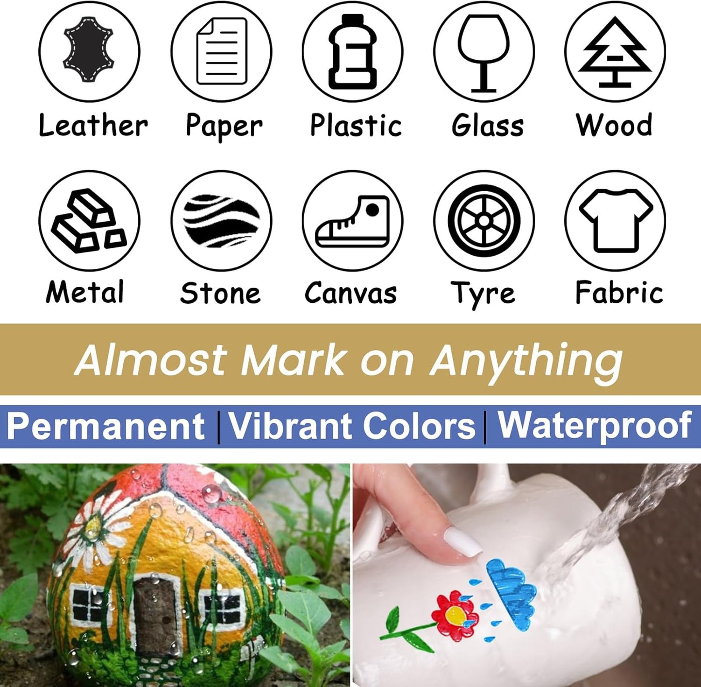 Overseas Silver Paint Pens Paint Markers - Permanent Acrylic Markers 12 Pack, Water-Based, Quick Dry, Waterproof Marker Pen for Rock, Wood, Plastic, Metal, Canvas, Glass, Mugs. Medium Tip