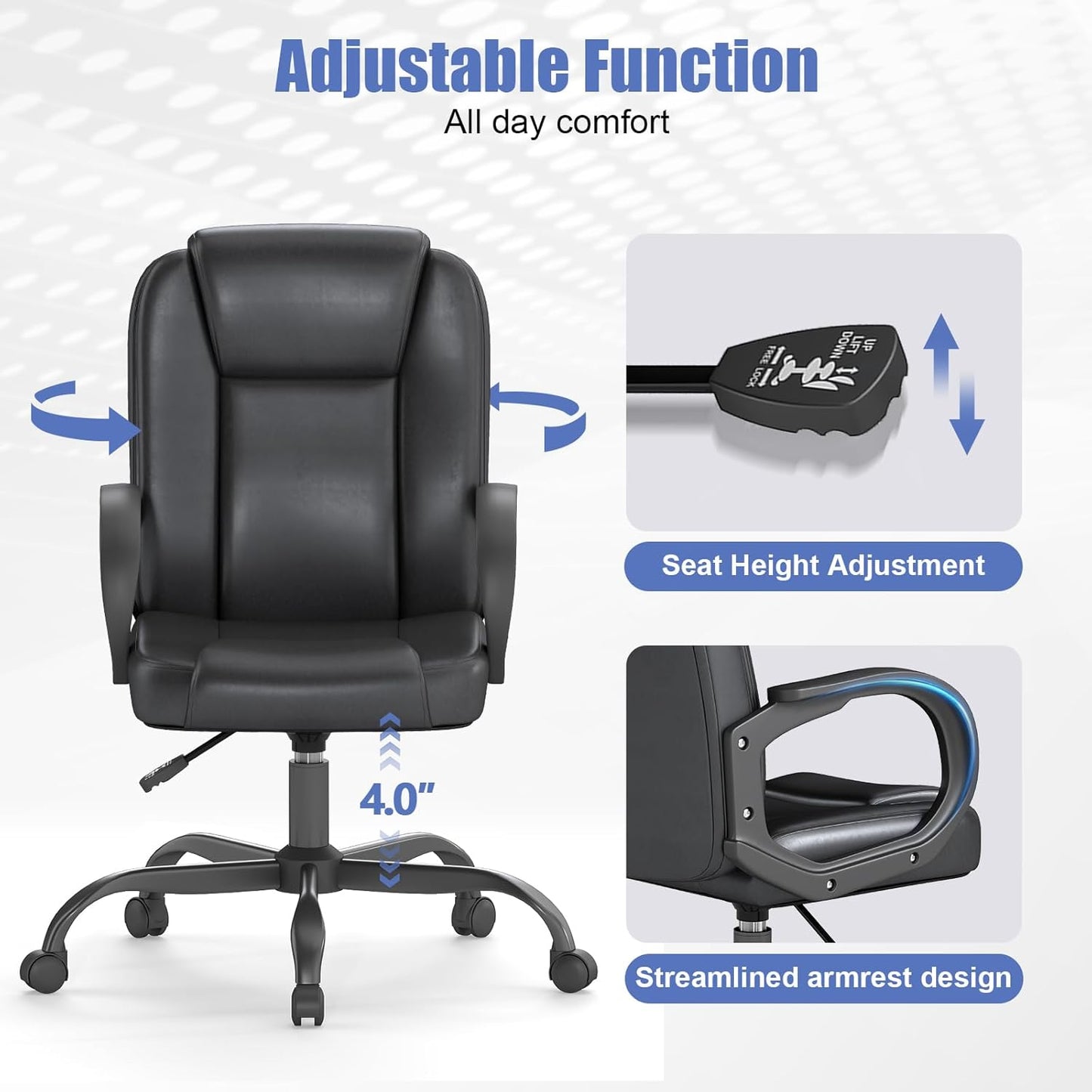 ZZH Executive Office Chair, Leather Desk Computer Chair with Armrests, Mid-Back Swivel Adjustable for Home Office, 8PC, Black