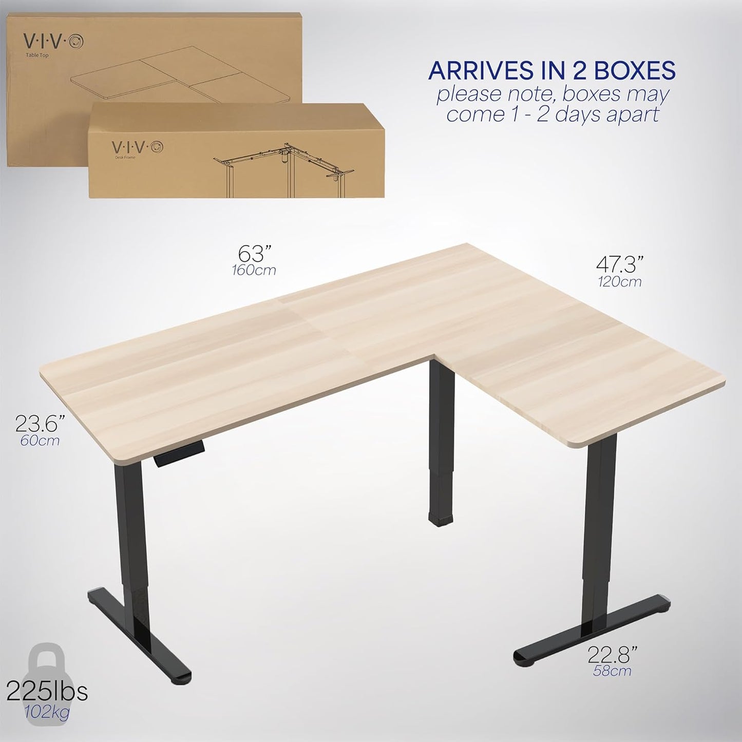 VIVO Electric Corner L-Shaped 63 x 47 in Standing Desk, Memory Height Adjustment, Light Wood Top Black Frame, DESK-E3CTC-47