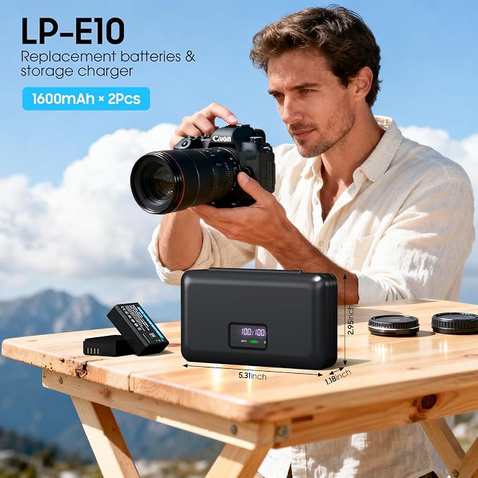 LP-E10 Battery 2-Pack 1600mAh and Digital Display Dual USB Charger - Image 9