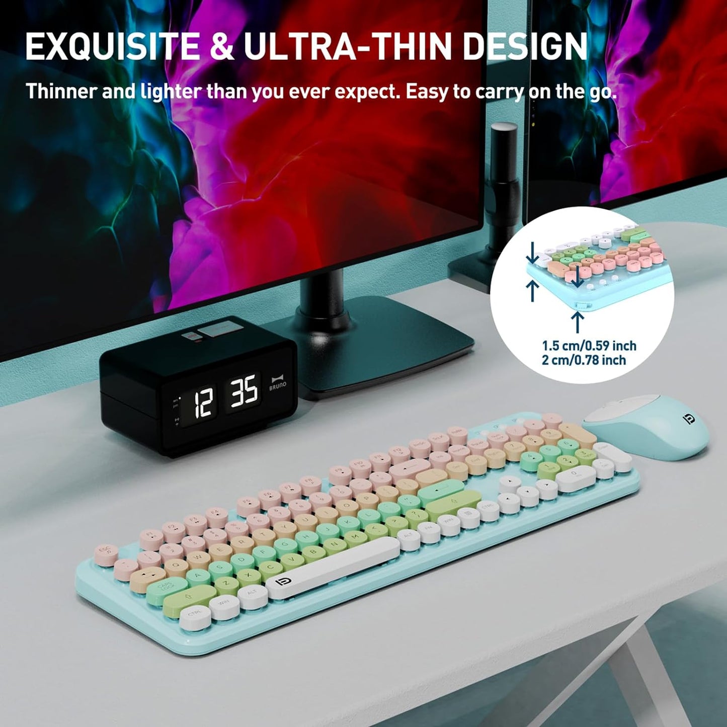 Keyboard and Mouse Wireless,2.4Ghz Retro Typewriter Style Round Keycap,Full Size Wireless Keyboard Mouse Combo,Cute Cordless Keyboard Mouse Set for PC Laptop Desktop Computer-Green White Pink Colorful