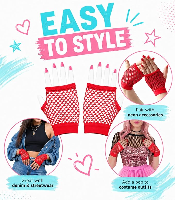 Seeksmile Women's Girls 80's Theme Party Emo Fingerless Arm Fishnet Gloves - Image 6