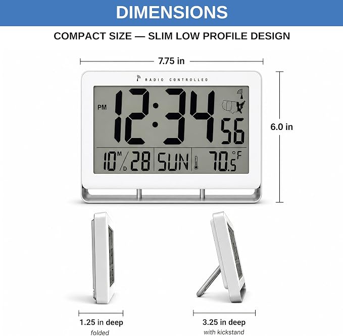 Atomic Digital Wall Clock, Battery-Operated, Large 2" LCD Numbers, Self-Setting - Image 7