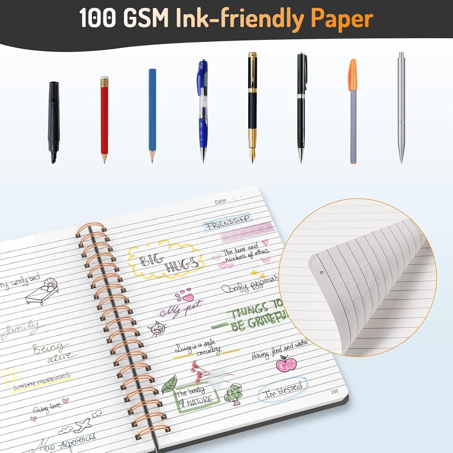 Forvencer A4 Lined Spiral Journal Notebook with 300 Numbered Pages, 11" X 8.5" Thick Journals for Writing with 100GSM Paper, Hardcover Notebooks with Contents for Work, School, Black