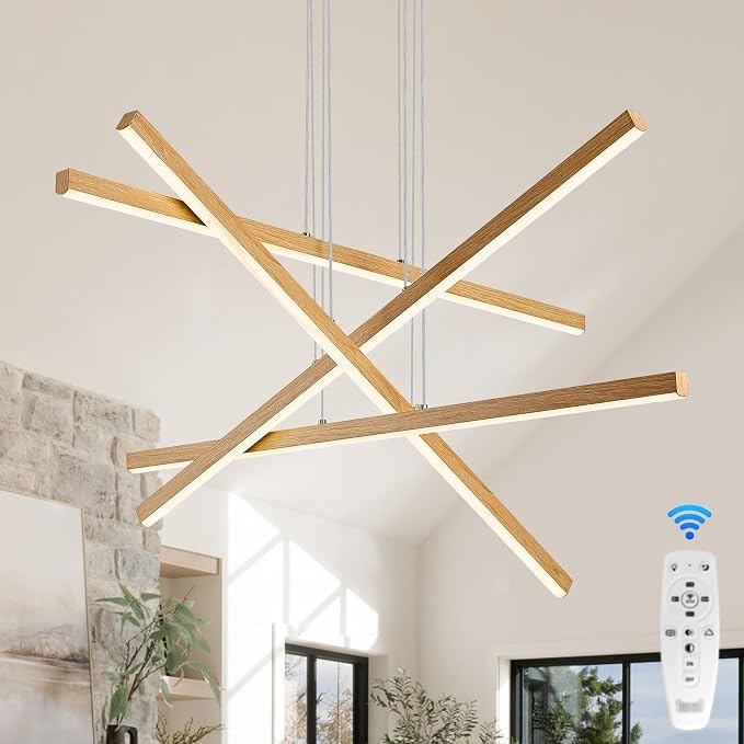 Linear Pendant Light Mdoern LED Chandelier 32" Boho Oak Wood Painted Ceiling - Image 9