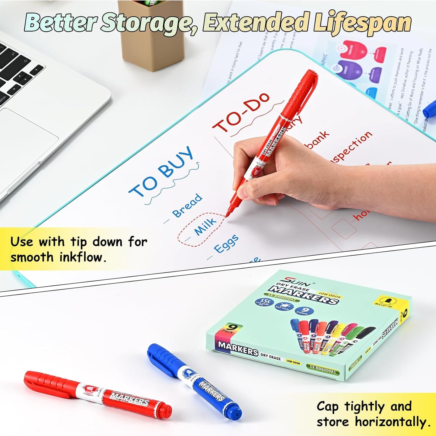 SUIN 9 Colors Dry Erase Markers - Low Odor, Non-Toxic, Slim Whiteboard Bullet Tip markers, Medium Fine Tip Whiteboard Pens for Kids, Office, Classroom & Home 36 Count