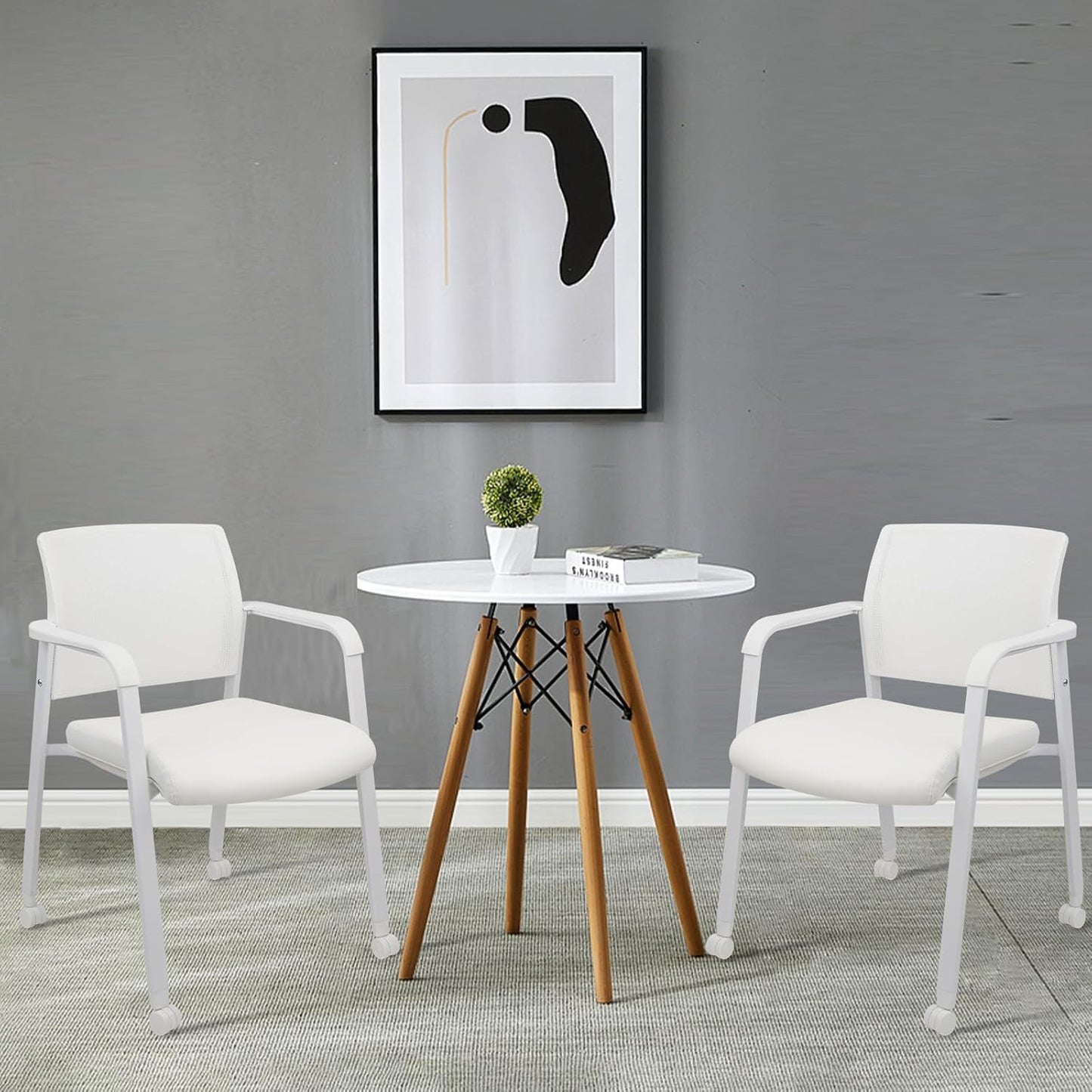 CLATINA Stacking Office Chairs with Wheels | Mesh Back, Thicken Leather Seat and Streamline Armrests, Ergonomic Lumber Support | School, Desk, Guest Reception, Waiting, Conference, White