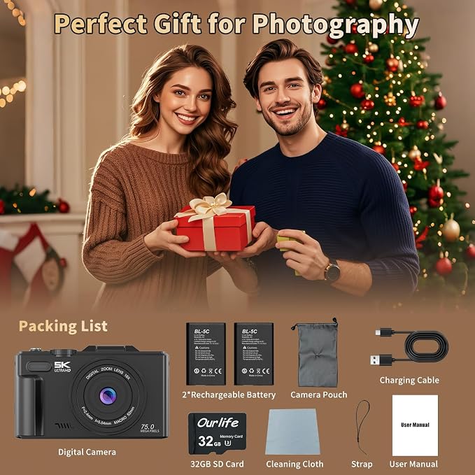 Ourlife Cameras for Photography, 5K 75MP Autofocus Vlogging Camera for YouTube - Image 8