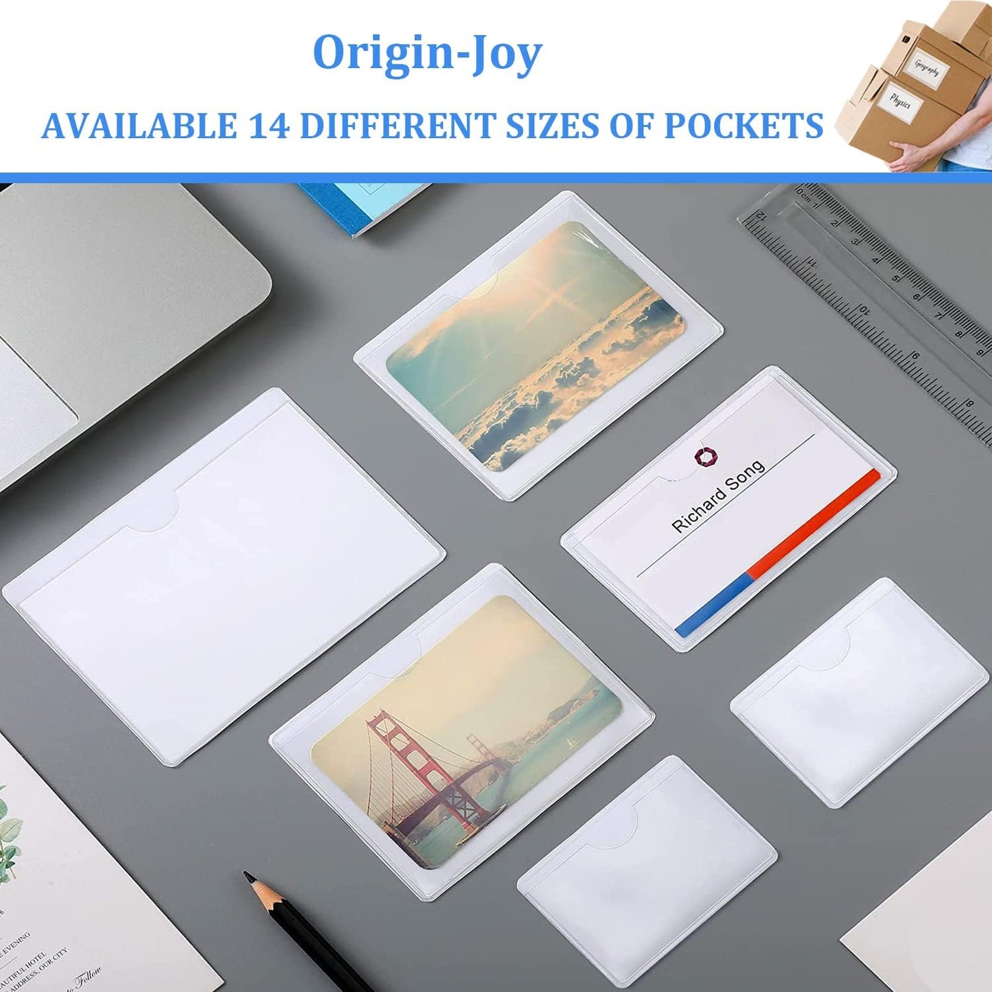 Origin-Joy 25 PCS Self-Adhesive Index Label Pockets, Clear Plastic Peel & Stick Card Holders with Top Open for Loading (3.5 x 1.75 inch)