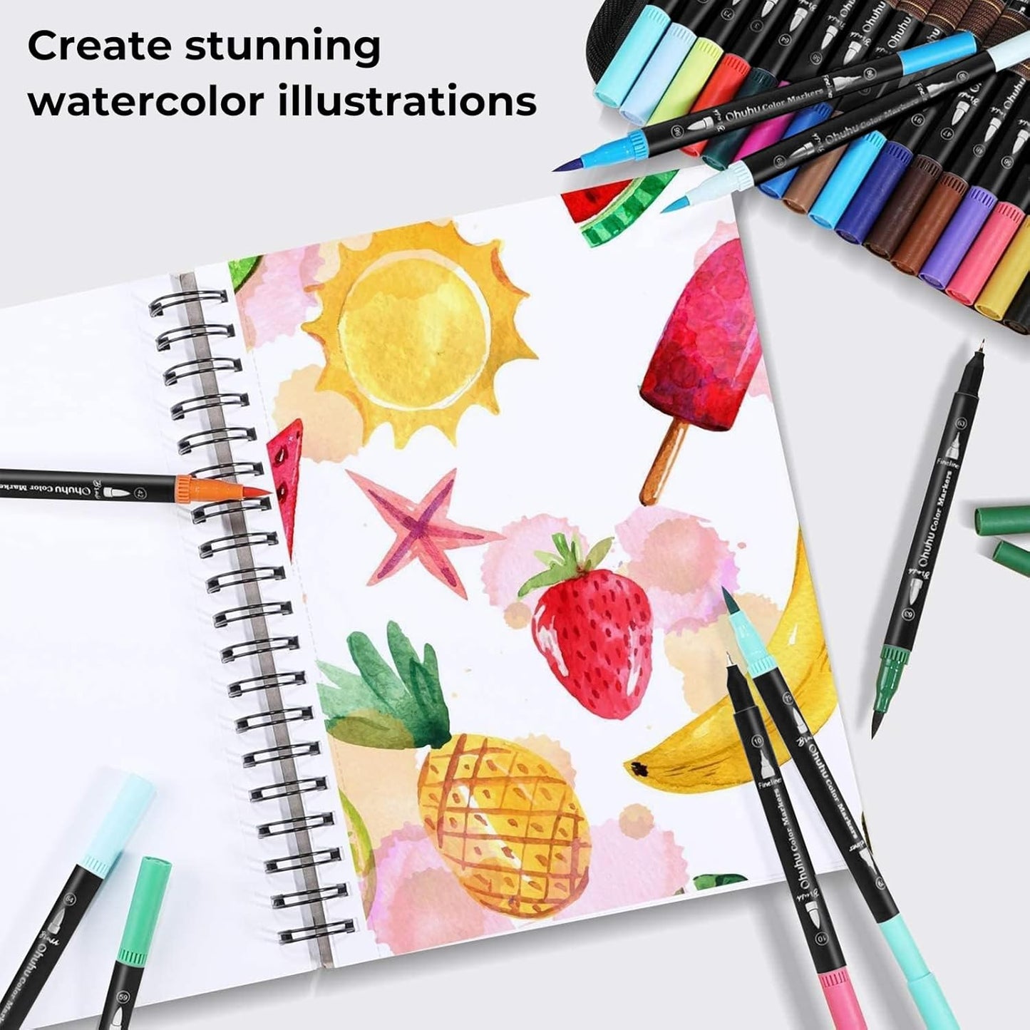 Ohuhu Markers for Adult Coloring Books No Bleeding 160 Colors Water-based Dual Tips Fineliner & Brush Coloring Markers for Kids Adults Beginners Drawing Pens for Journaling Lettering - Maui - Black