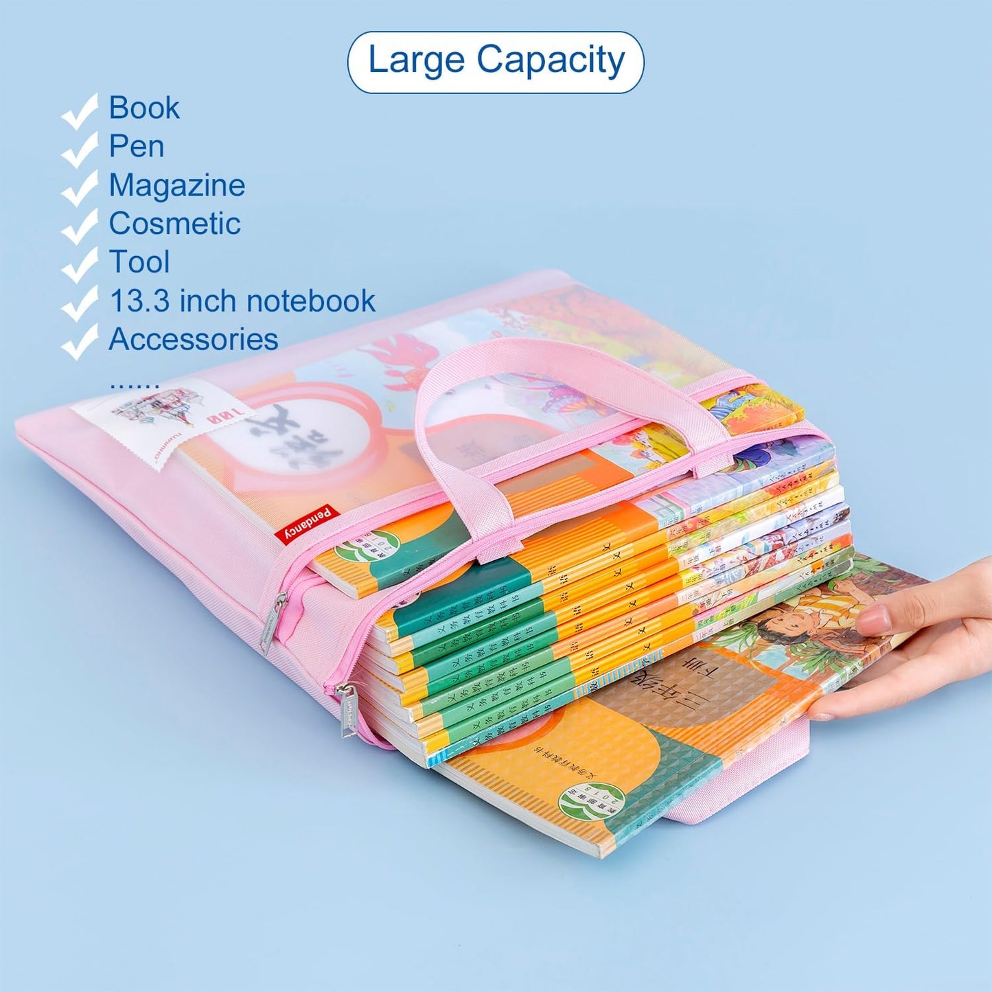 Pendancy Mesh Zipper Pouch 11x13.7 in, 2 pcs Large Double Pocket Waterproof File Bag with Handle, A4 Size Foldable Document Storage for Puzzle Project/Cross Stitch/Travel/Office(Gray Green)