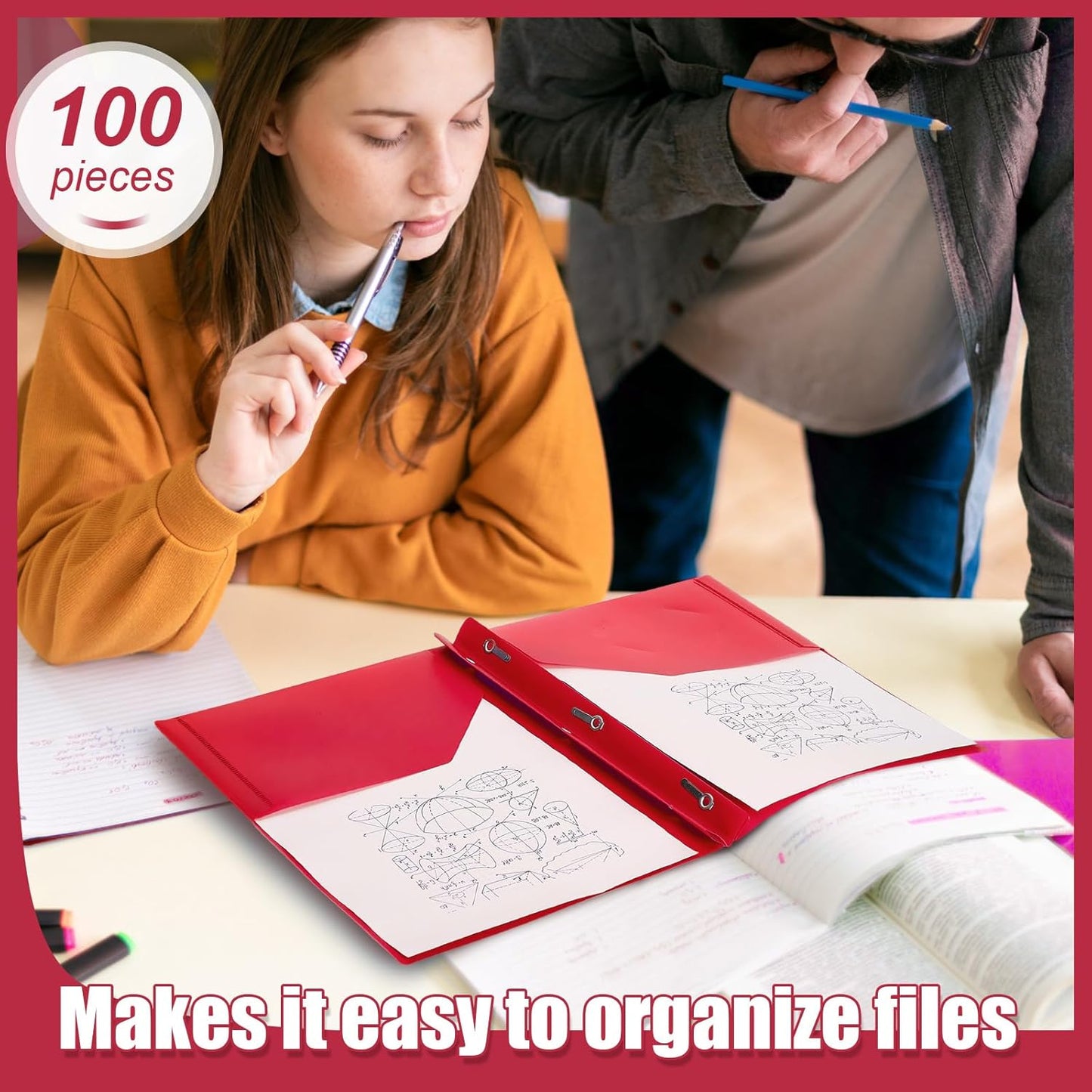 Lincia 100 Pcs Plastic Folders with Pockets and Prong Folders with Prongs Plastic Folders with 2 Pockets Pocket Folders for Office, School for Students, Teachers, Office Workers (Red)