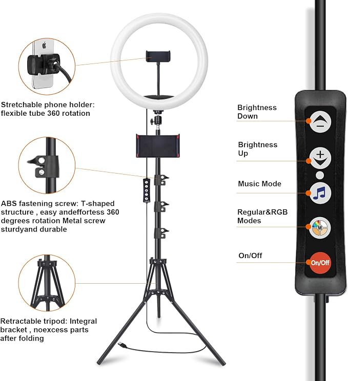 12" Selfie Ring Light with 75" Tripod Stand & 2 Phone Holder, LED Camera - Image 8