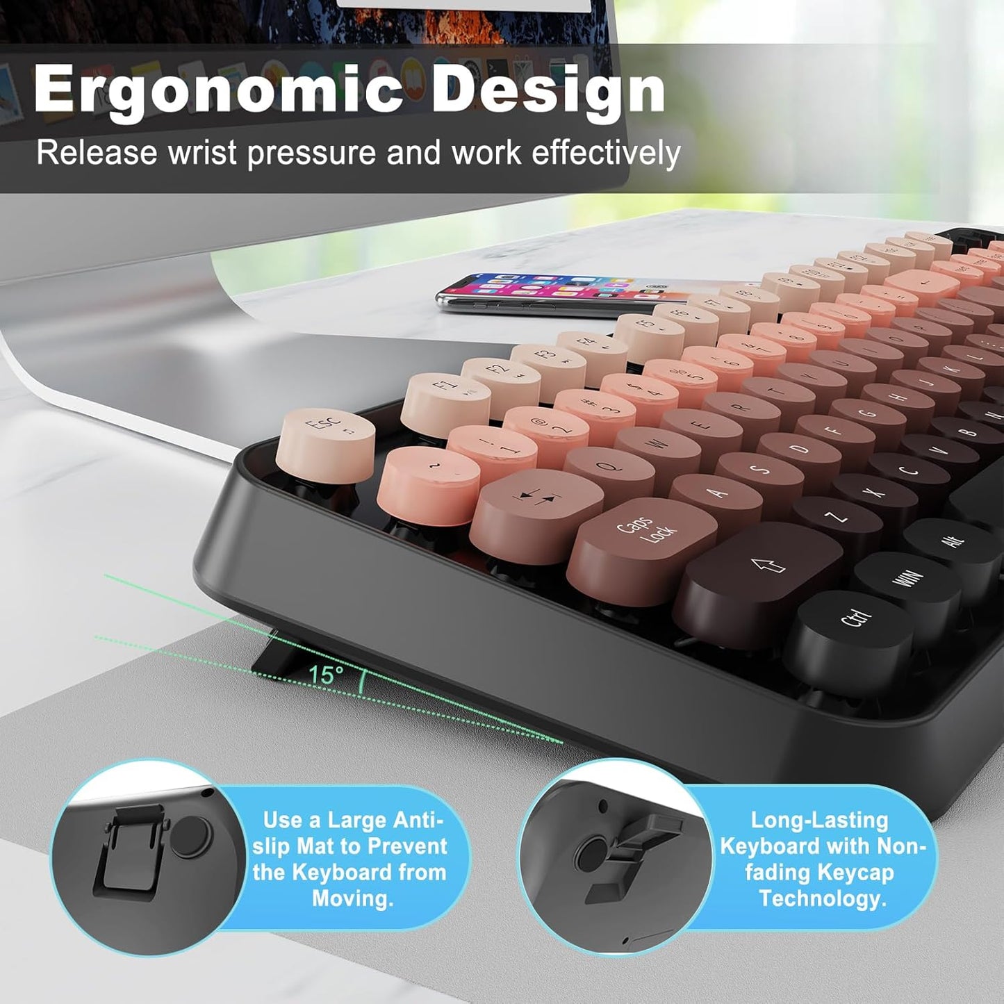 FOPETT Wireless Keyboard and Mouse Combo, 104 Keys Full-Sized 2.4 GHz Round Keycap Colorful Keyboards, USB Receiver Plug and Play, for Windows, Mac, PC, Laptop, Desktop (GradientPink)