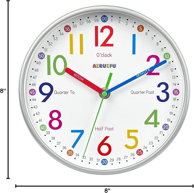 AIRUIFU Wall Clock for Kids Learning Tell Time Easily Non-Ticking Battery - Image 8