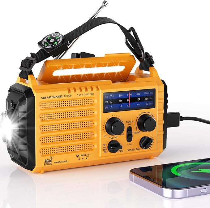 Emergency Weather Radio, 5 Ways Powered Crank Solar Radio, Portable - Image 9
