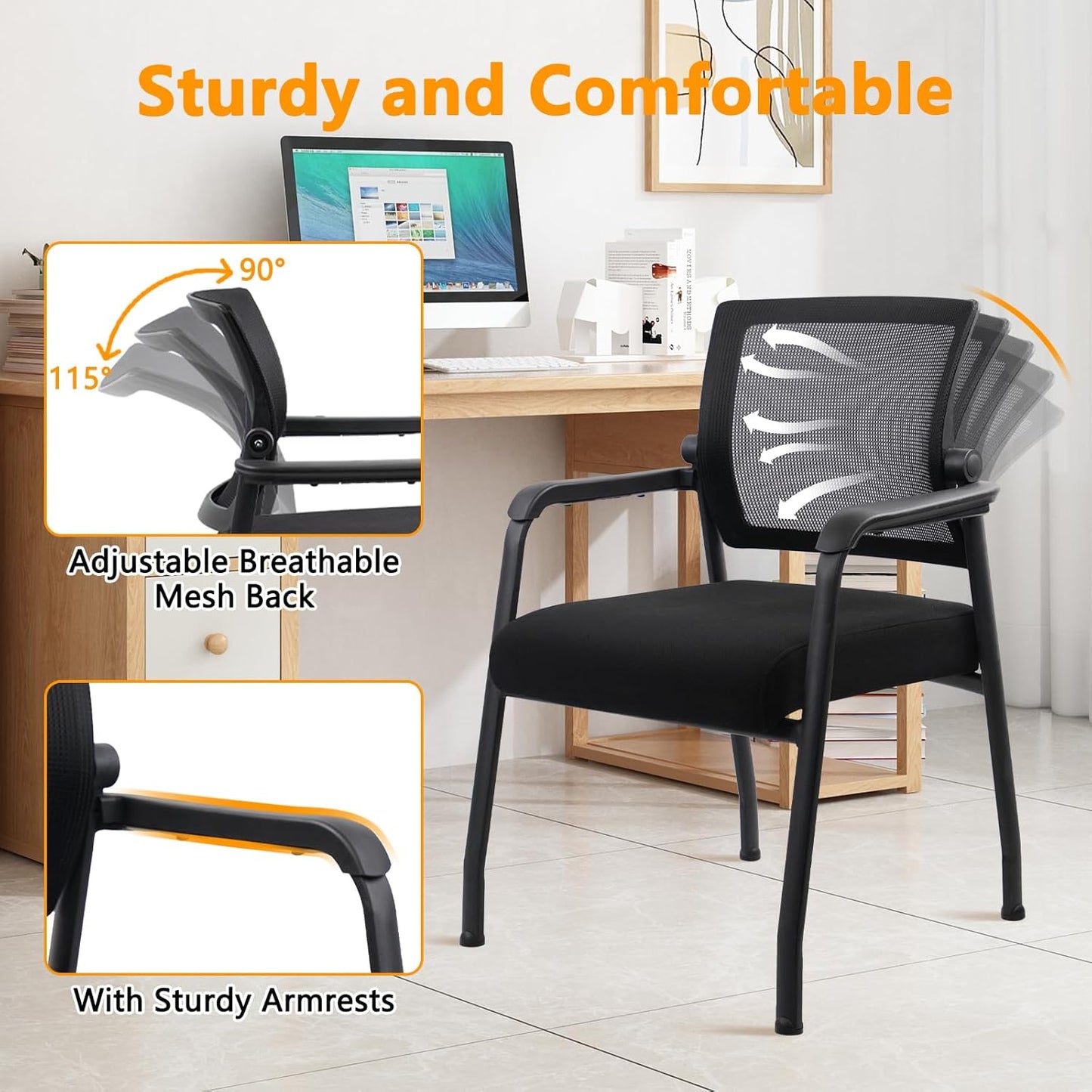 Desk Chair No Wheels with Adjustable Mesh Backrest, Arm Chair with Ergonomic Lumbar Support and Thickened Seats Cushion, Waiting Room Chairs for Office School Church Guest Reception, 2PACK