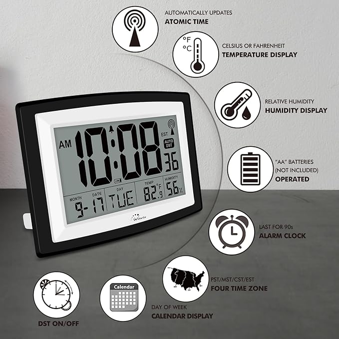 WallarGe Atomic Clock with Indoor Temperature and Humidity, 12.5 Inch - Image 6