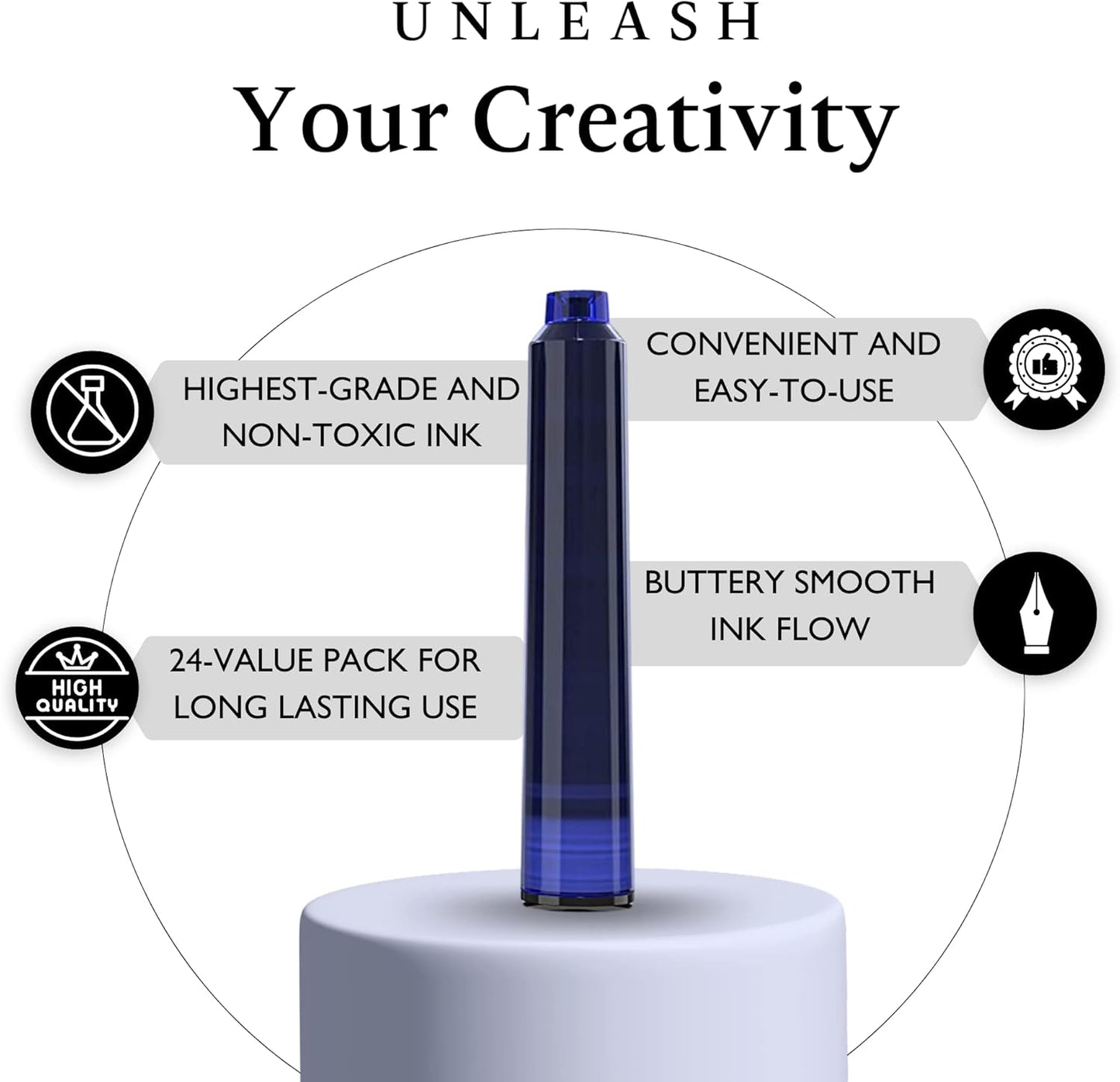 24 Vibrant Fountain Pen Ink Refills - 24 Pack International Standard Size Cartridges - Ink for Fountain Pens - Premium Quality & Non-Toxic, Long-Lasting & Waterproof, Dries Quickly