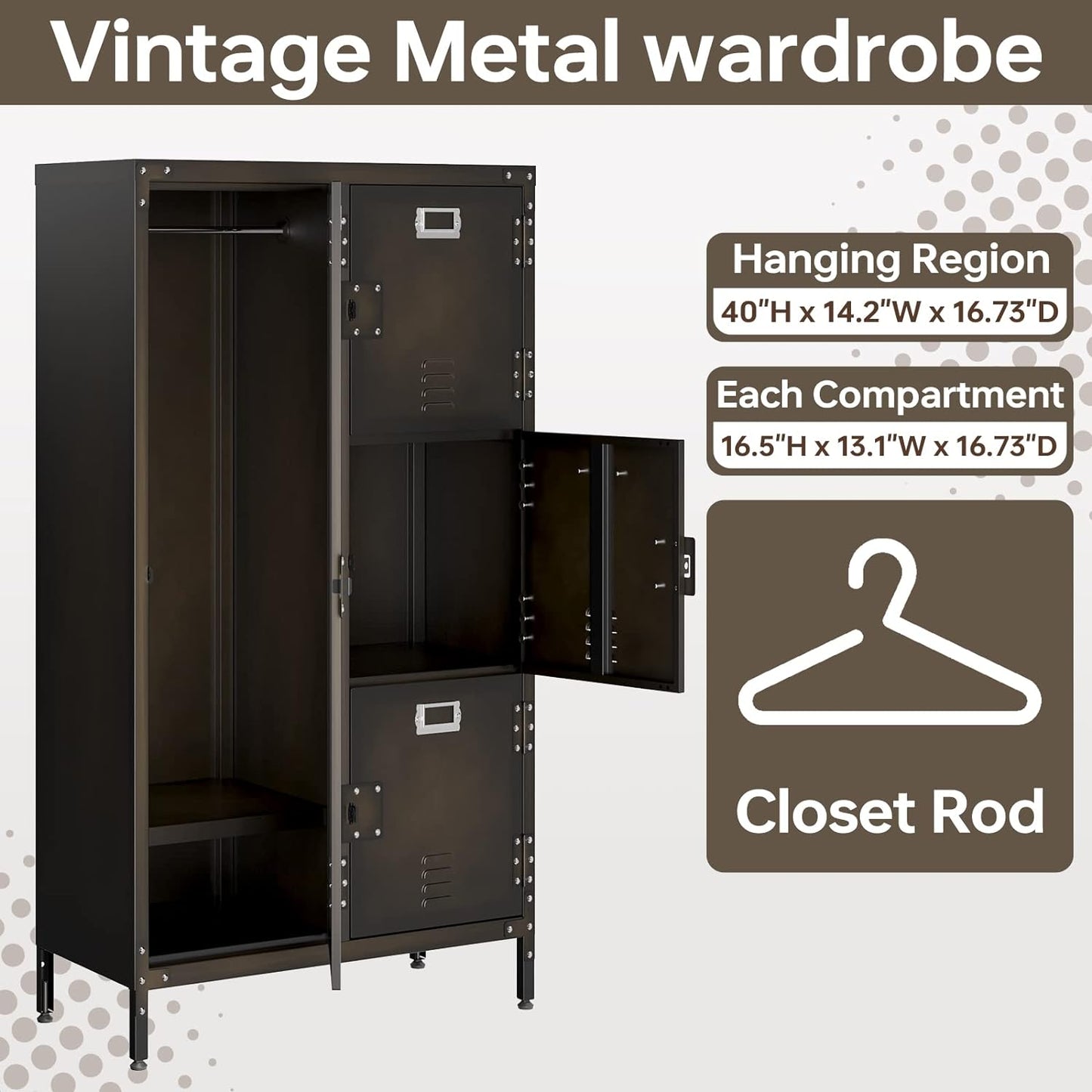 MIIIKO Steel Wardrobe Cabinet Locker, Rustic Metal Storage Cabinet with Shelf, Lockable Doors and Hanging Rod, Industrial Locker for Living Room, Bedroom, Home Office and Club